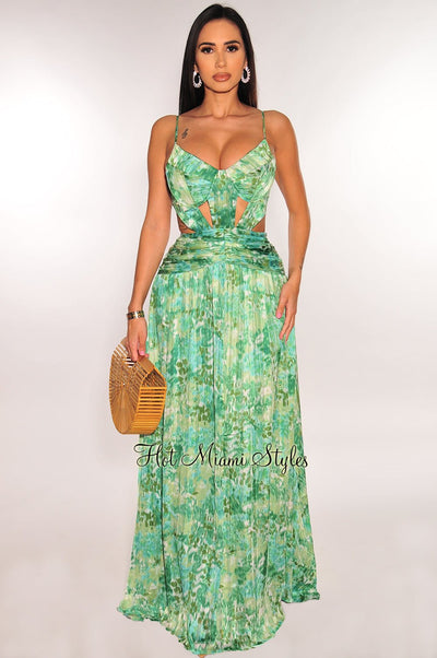 Green Watercolor Padded Cut Out Ruched Spaghetti Strap Maxi Dress - Hot Miami Styles