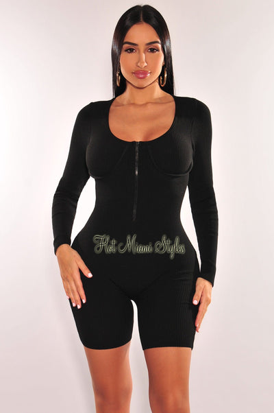 HMS Essential: Black Ribbed Knit Faux Bustier Zipper Long Sleeves Romper - Hot Miami Styles