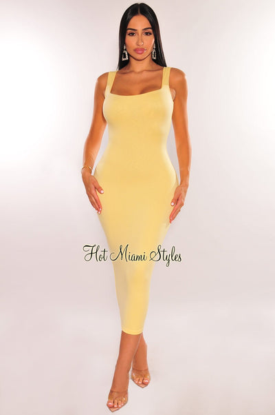 HMS Essential: Canary Yellow Square Neck Sleeveless Perfect Fit Midi Dress - Hot Miami Styles