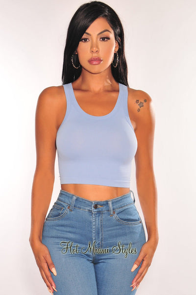 HMS ESSENTIAL: Dusty Blue Ribbed Seamless Sleeveless Crop Top - Hot Miami Styles