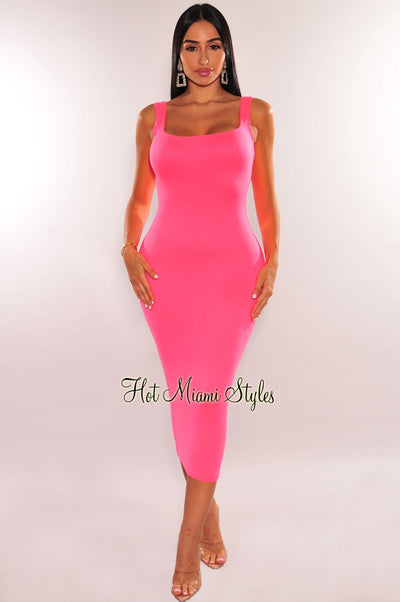 HMS Essential: Neon Pink Square Neck Sleeveless Perfect Fit Midi Dress - Hot Miami Styles