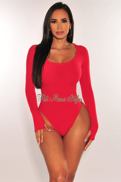 HMS Essential: Red Ribbed Round Neck Long Sleeves Bodysuit - Hot Miami Styles