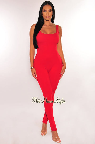 HMS Essential: Red Spaghetti Strap Perfect Fit Jumpsuit - Hot Miami Styles