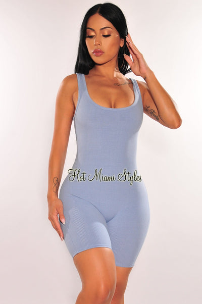 HMS Essential: Sky Blue Round Neck Ribbed Knit Romper - Hot Miami Styles