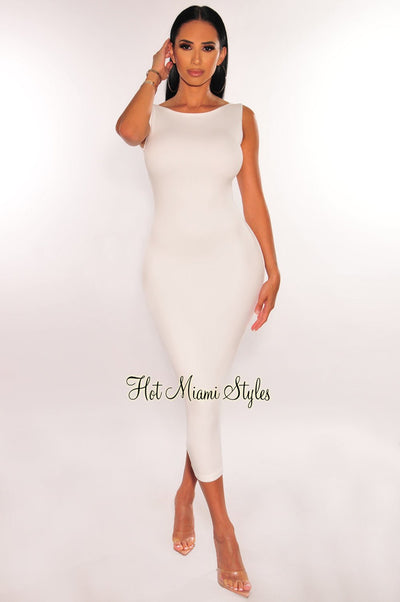 HMS Essential: White Sleeveless Round Neck Midi Dress - Hot Miami Styles