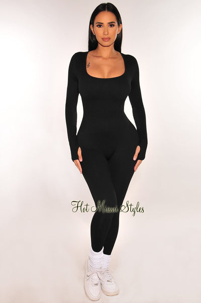HMS Fit: Black Long Sleeves Square Neck Padded Ribbed Snatched Jumpsuit - Hot Miami Styles