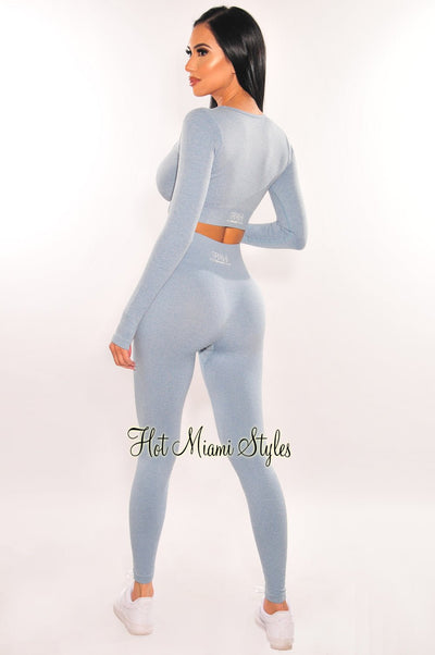 HMS Fit: Blue Marl Squared Neck Long Sleeve Leggings Two Piece Set - Hot Miami Styles