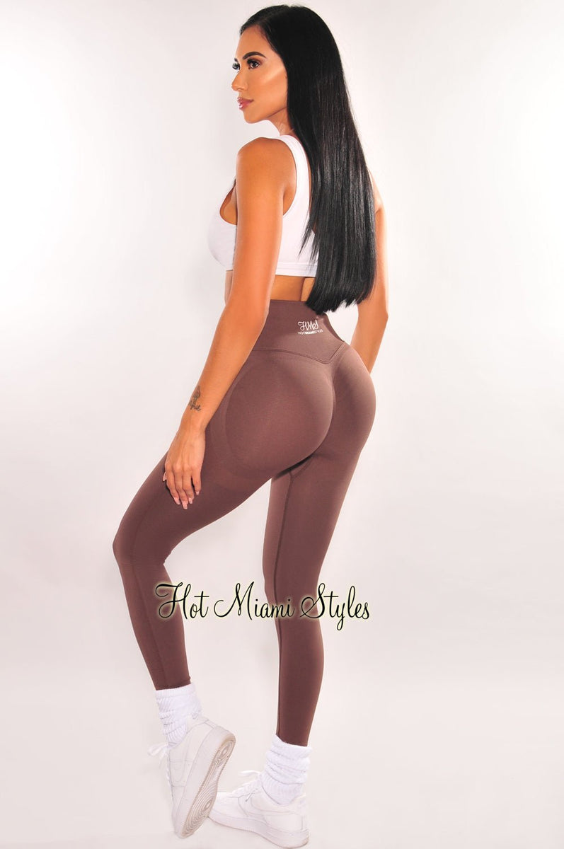 Chocolate Ribbed Knit High Waist Leggings - Hot Miami Styles