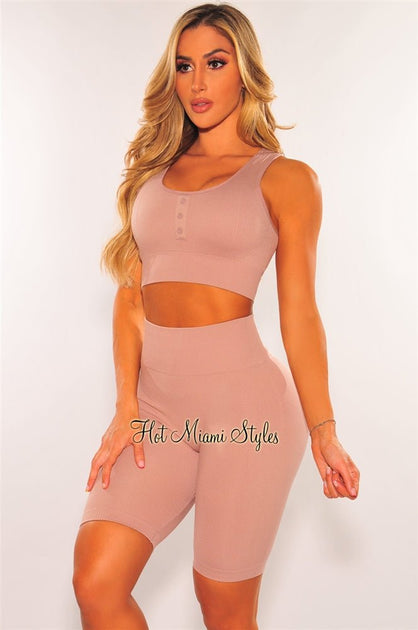 HMS Fit: Chocolate Halter Padded Leggings Two Piece Set - Hot Miami Styles