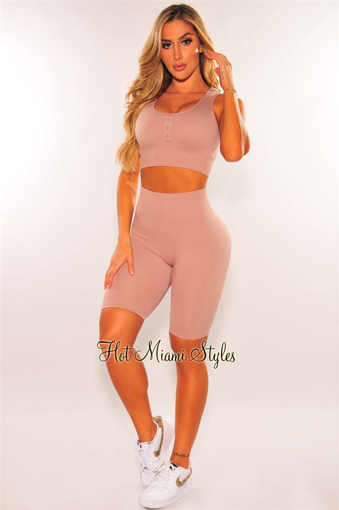 HMS Fit: Dusty Blush Seamless Padded Biker Shorts Two Piece Set - Hot Miami  Styles