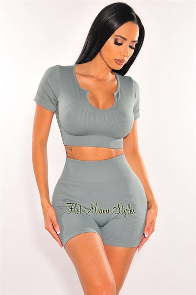 HMS Fit: Dusty Sage Ribbed Short Sleeve Biker Short Two Piece Set - Hot Miami Styles