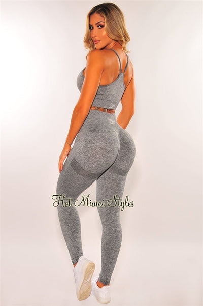 HMS Fit: Gray Marl Racerback Butt Lifting Leggings Two Piece Set - Hot Miami Styles