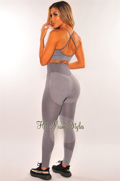 HMS Fit: Gray Seamless Marl Padded High Waist Butt Lifting Leggings Two Piece Set - Hot Miami Styles