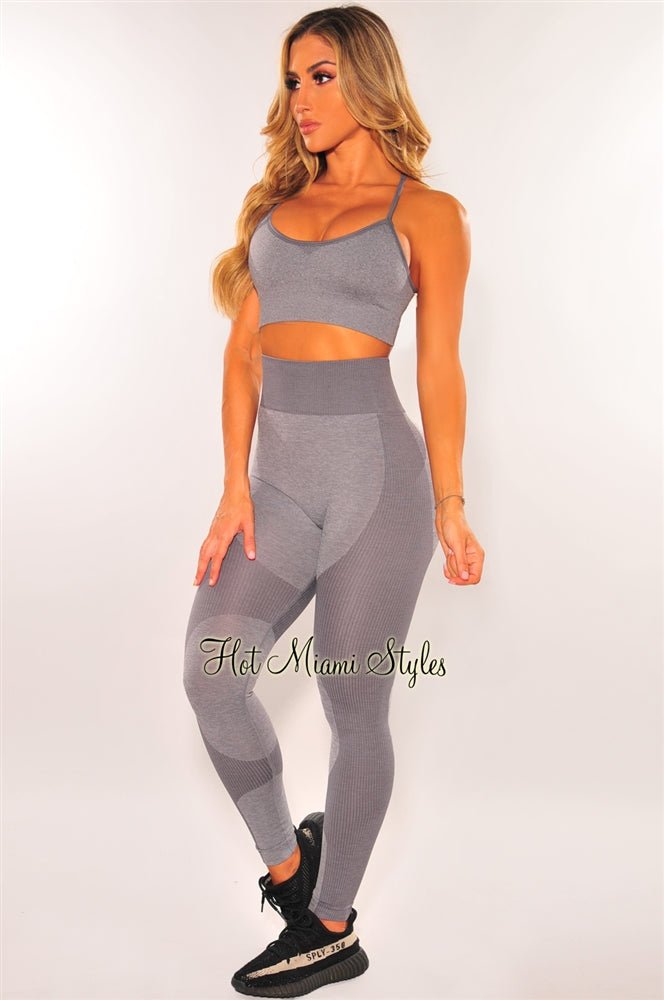 HMS Fit: Gray Seamless Marl Padded High Waist Butt Lifting Leggings Two Piece  Set - Hot Miami