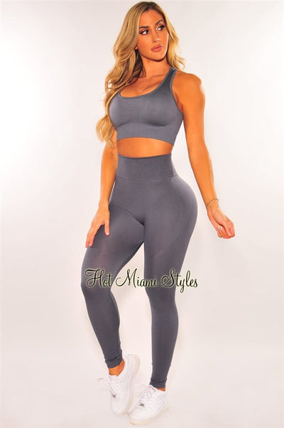 HMS Fit: Smoke Seamless Padded Racer Back High Waist Leggings Two Piece Set - Hot Miami Styles