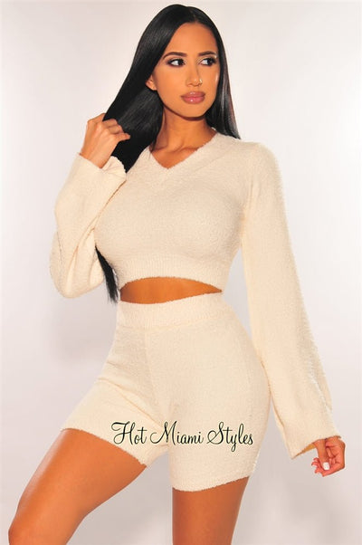 HMS Lounge: Cream Fuzzy Bell Sleeves Biker Shorts Two Piece Set - Hot Miami Styles