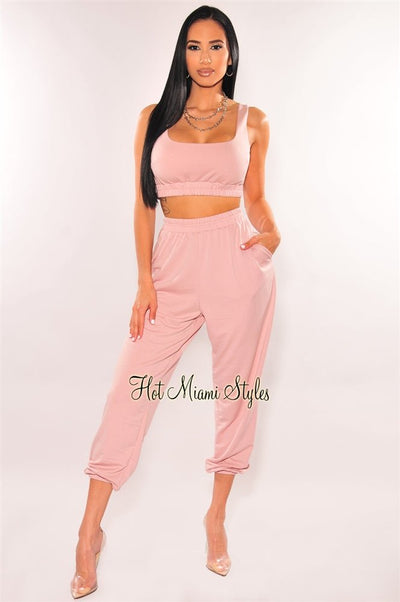 HMS Lounge: Rose Cropped Tank Joggers Two Piece Set - Hot Miami Styles
