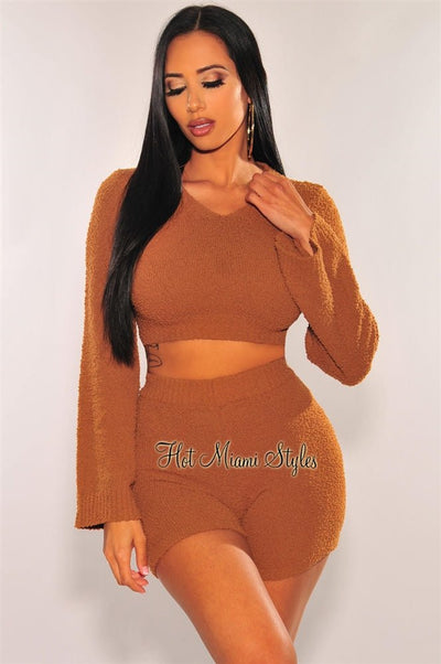 HMS Lounge: Toffee Fuzzy Bell Sleeves Biker Shorts Two Piece Set - Hot Miami Styles
