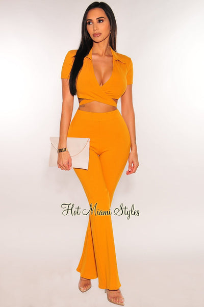 Honey Ribbed Collared Wrap Crop Top Palazzo Pants Two Piece Set - Hot Miami Styles