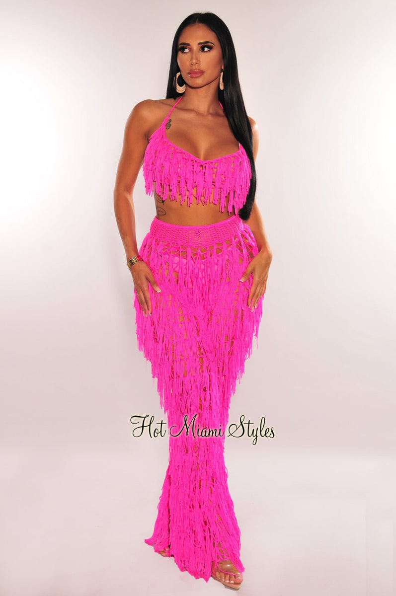 Hot Pink Crochet Halter Fringe Pants Two Piece Set Cover Up – Hot