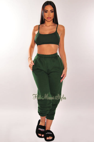 Hunter Green Ribbed Strappy Back Sweatpants Joggers Two Piece Set - Hot Miami Styles