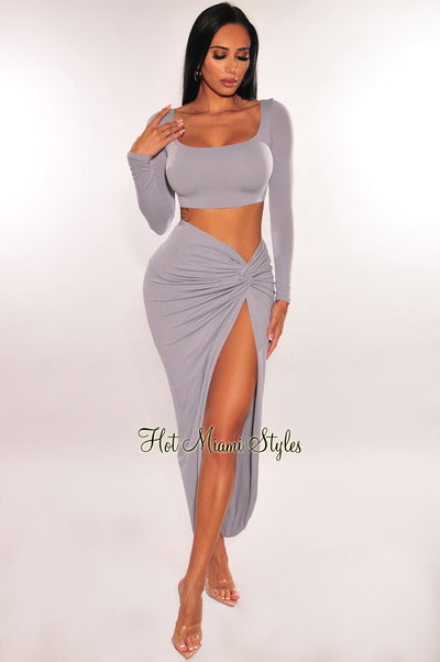 Icy Long Sleeves Knotted Slit Skirt Two Piece Set - Hot Miami Styles