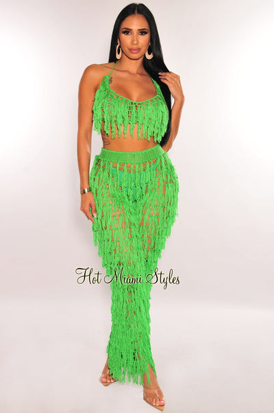 Kelly Green Crochet Halter Fringe Pants Two Piece Set Cover Up - Hot Miami Styles