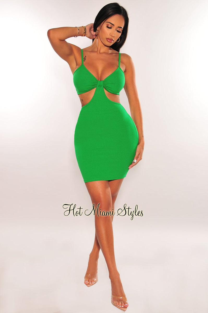 Kelly Green Ribbed Spaghetti Straps Knotted Cut Out Mini Dress Medium Kelly Green Ribbed Spaghetti Straps Knotted Cut Out Mini Dress Medium