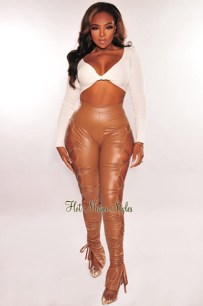 Latte Faux Leather High Waist Lace Up Sides Pants - Hot Miami Styles