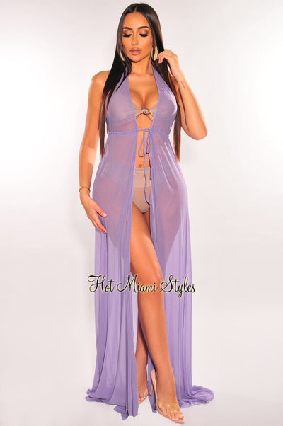 Lavender Mesh Halter Drawstring Open Back Maxi Cover Up - Hot Miami Styles