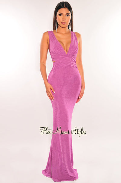 Lavender Shimmery V Neck Cut Out CrissCross Back Maxi Dress - Hot Miami Styles