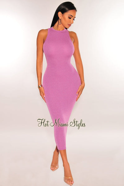 Lavender Sleeveless Ribbed Knit Bodycon Dress - Hot Miami Styles