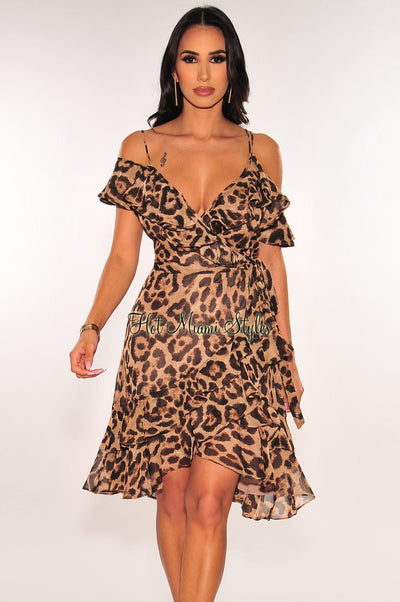 Leopard Print Off Shoulder Ruffle Wrap Baby Doll Dress - Hot Miami Styles