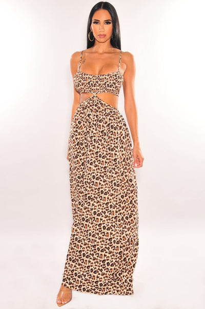 Leopard Print Spaghetti Straps Smocked Cut Out Maxi Dress - Hot Miami Styles