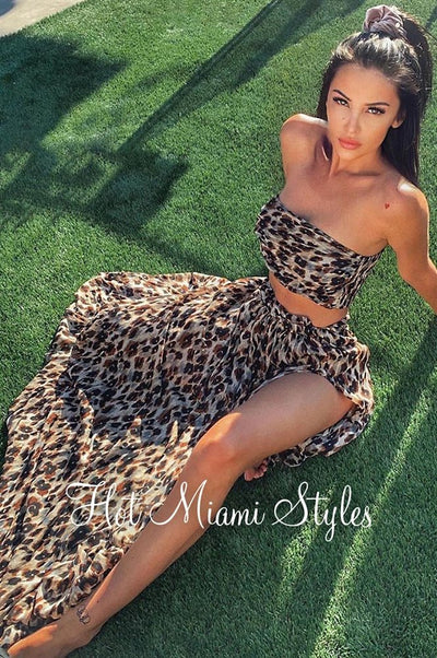 Leopard Print Strapless Slit Maxi Skirt Two Piece Set - Hot Miami Styles
