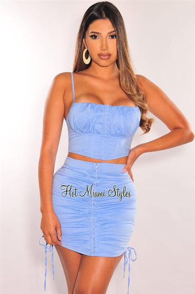 Light Blue Padded Hook & Eye Ruched Skirt Two Piece Set - Hot Miami Styles