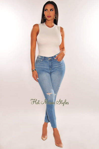 Light Denim High Waist Ripped Skinny Jeans - Hot Miami Styles