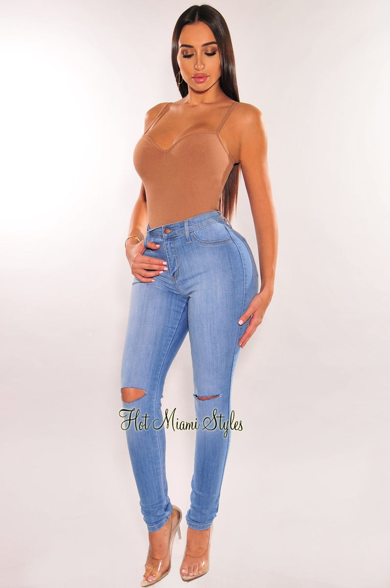 パンツ HIGH WAIST DAMAGE SKINNY DENIM Aphrodite Super High Waisted Distressed Skinny Jeans with
