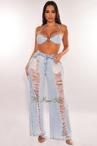 Light Denim Wash Halter Rhinestone Padded Destroyed Jeans Two Piece Set - Hot Miami Styles