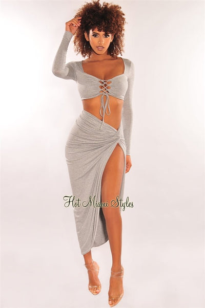 Light Gray Lace Up Knotted Slit Skirt Two Piece Set - Hot Miami Styles