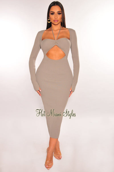 Light Gray Ribbed Long Sleeve Cut Out Dress - Hot Miami Styles