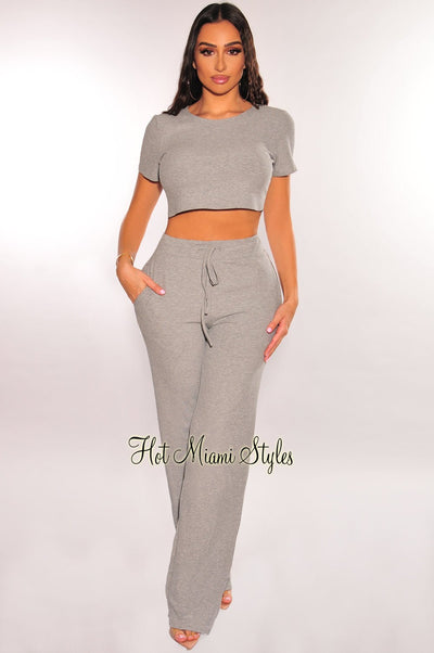Light Gray Ribbed Short Sleeve Wide Leg Pants Two Piece Set - Hot Miami Styles