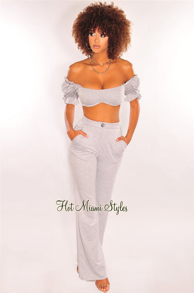 Light Gray Underwire Bustier Palazzo Pants Two Piece Set - Hot Miami Styles