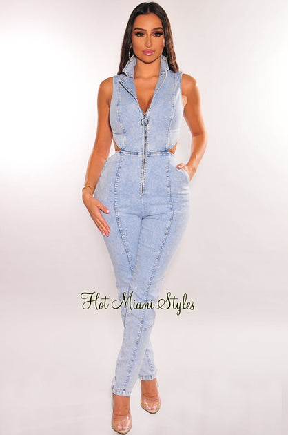 Womens Denim Jumpsuit Overalls Zip Front Collared all in one one