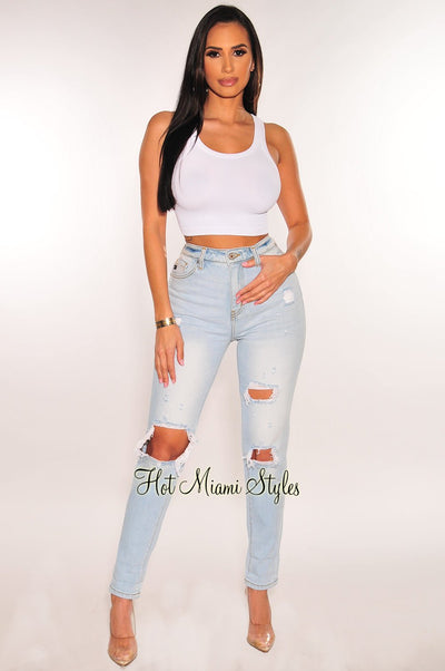 Light Wash Denim Ripped High Waist Jeans - Hot Miami Styles