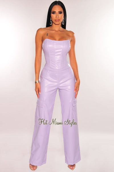 Lilac Faux Leather Corset Top Wide Leg Flap Pocket Pants Two Piece Set - Hot Miami Styles