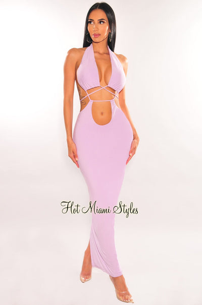 Lilac Halter Drawstring Keyhole Cut Out Dress - Hot Miami Styles