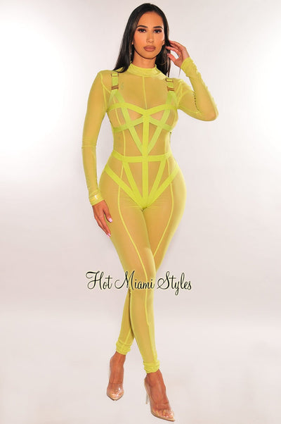Lime Green Mesh Strappy Bodysuit Long Sleeve Jumpsuit Two Piece Set - Hot Miami Styles