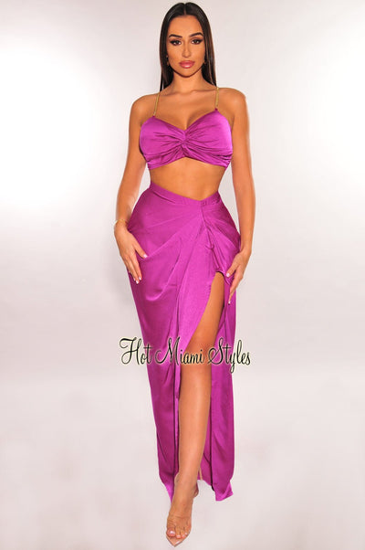 Magenta Gold Chain Padded Knotted Slit Skirt Two Piece Set - Hot Miami Styles