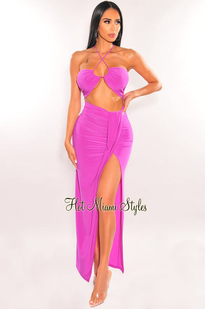 Magenta Halter Keyhole Knotted Slit Skirt Two Piece Set - Hot Miami Styles